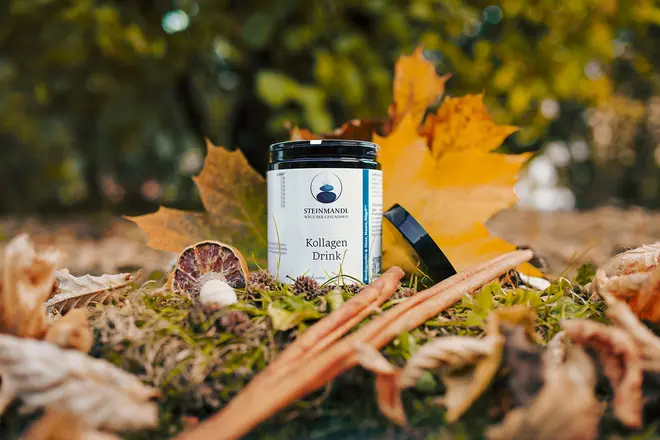 Ein weißer Behälter, Zimtstangen und getrocknete Blätter sind auf grünem Moos im Freien angeordnet, mit verschwommenen Herbstbäumen im Hintergrund. Produktfoto der Marke Steinmandl.